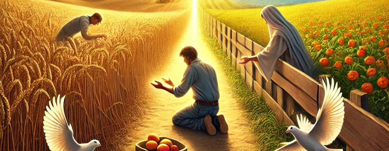 A determined cowboy walking down a rugged path at sunset, representing faith in action. The glow of the horizon highlights the message that true faith requires movement, not just words.