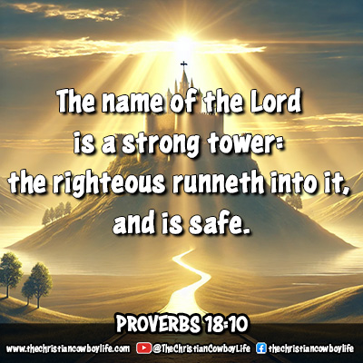 A weathered wooden cross stands tall in an open field under a stormy sky, bathed in golden light, symbolizing God’s unwavering strength and protection. The verse from Proverbs 18:10 overlays the image, reminding believers that the Lord is their strong tower in times of trouble.