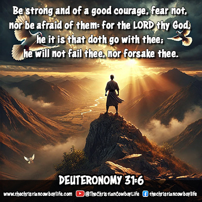 A cowboy standing strong on a dirt trail at sunrise 🌅, holding his hat in hand, looking out into the horizon — representing God’s promise to never leave nor forsake His children, inspired by Deuteronomy 31:6.