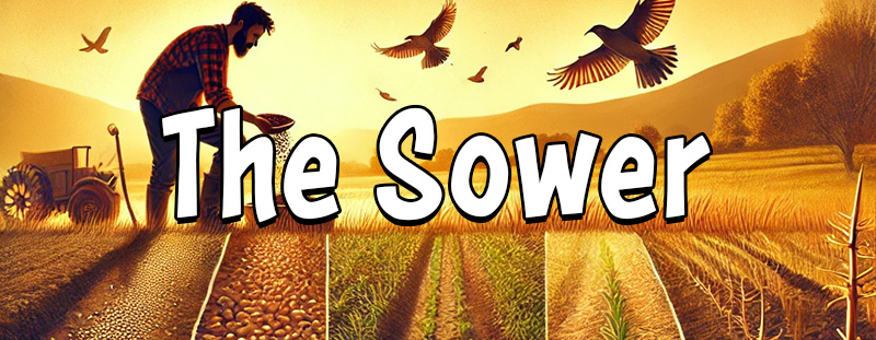 An image of a sower scattering seed, representing the spreading of God's Word and its impact on different types of hearts.