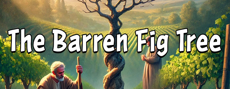 A barren fig tree in a vineyard, symbolizing God’s patience and mercy, as well as His desire for us to bear fruit in our lives.
