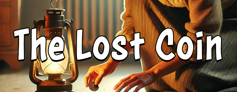 A woman searching for a lost coin with joy and determination, symbolizing God's joy over the repentance of one sinner.