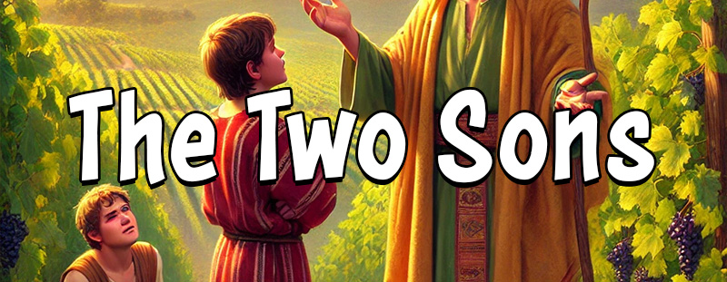 A biblical scene illustrating the Parable of the Two Sons (Matthew 21:28-32), where a father instructs his two sons to work in the vineyard. One initially refuses but later repents and works, while the other agrees but disobeys.