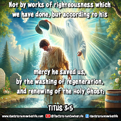 A heavenly image of a man being washed by crystal-clear water, symbolizing spiritual cleansing and renewal through God’s mercy and the Holy Ghost, inspired by Titus 3:5.