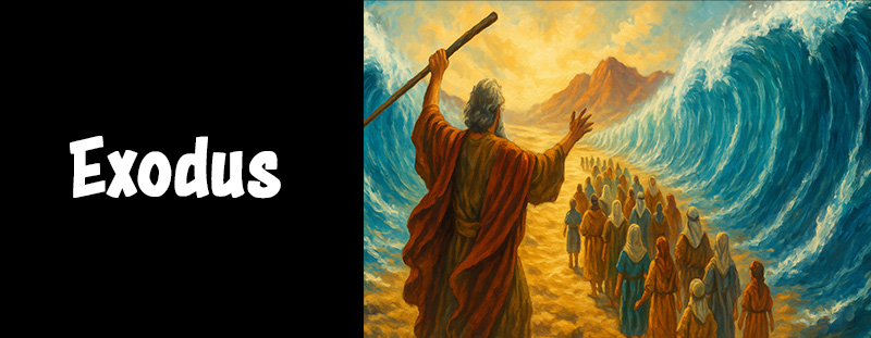 Moses parting the Red Sea with Israelites walking through