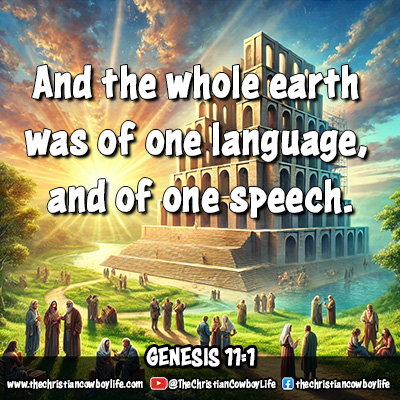A rustic-themed inspirational Bible verse image featuring Genesis 11:1, highlighting unity through shared language and purpose before human pride caused division.
