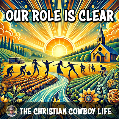 A vibrant country landscape featuring a group of people coming together, helping each other, and embracing their roles in life, representing the song “Our Role Is Clear” by The Christian Cowboy Life