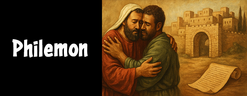 An artistic representation of biblical reconciliation and forgiveness as portrayed in the Book of Philemon, symbolizing grace, brotherhood, and spiritual restoration.
