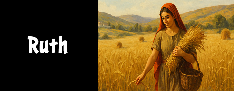 Ruth standing in a wheat field with a basket of harvested grain