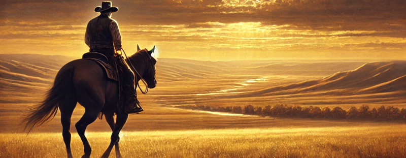 Cowboy riding a horse into the sunset, symbolizing the journey of faith and freedom in The Christian Cowboy Life.