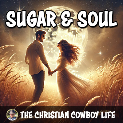 Romantic couple walking under a moonlit sky in a golden field, symbolizing love and connection from the country rock love song ‘Sugar and Soul’.