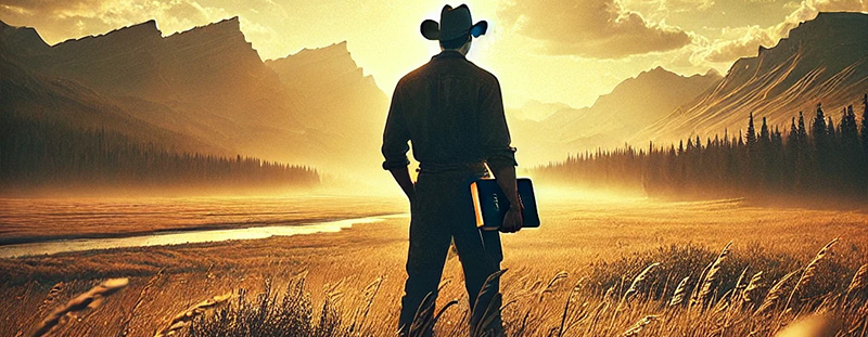 A cowboy standing with a Bible by his side, looking out across fields, a river, and toward distant mountains.