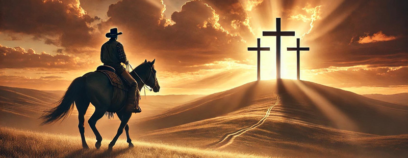 A cowboy riding a horse across rolling plains, heading towards three wooden crosses on a hill at sunset.