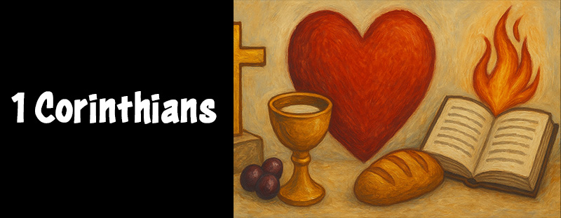 A heart, cross, bread, chalice, open book, and flame symbolizing themes from 1 Corinthians
