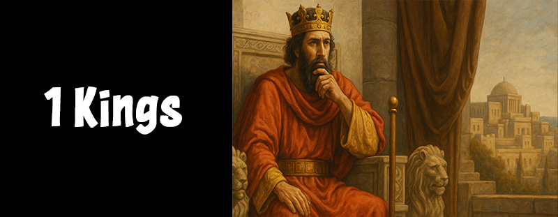 An ancient king in royal garments seated on a throne overlooking Jerusalem