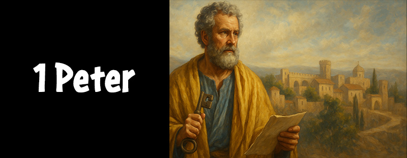 Apostle Peter holding a key and scroll with ancient city in background
