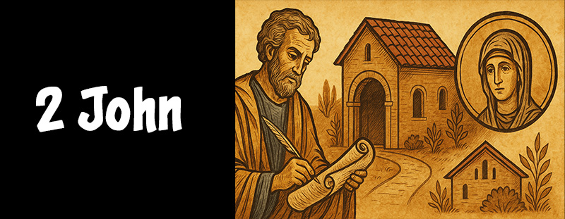 Illustration of Apostle John writing a letter with a church in the background