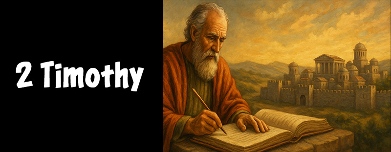 An aged apostle writing a final letter against a sunset city backdrop