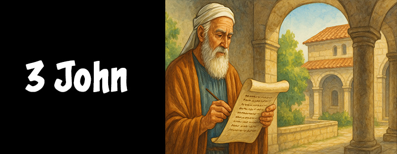 Elderly man in robe reading scroll in sunlit courtyard