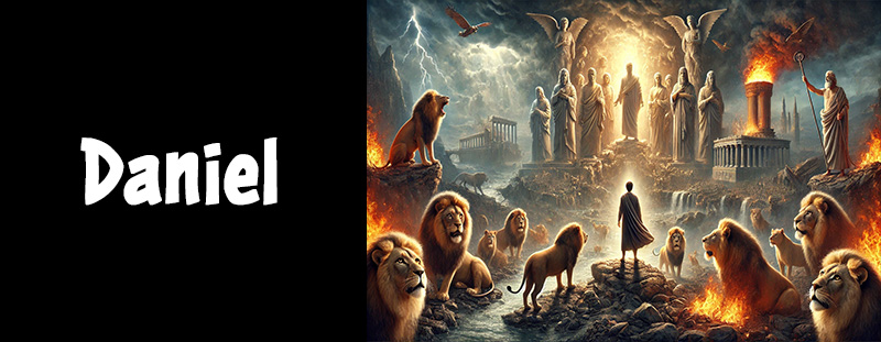 Daniel in the lion’s den with fiery furnace and prophetic statue in background