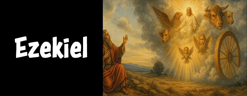 Ezekiel witnessing heavenly visions with cherubim, wheels, and divine fire
