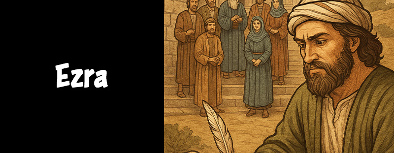 Illustration of Ezra leading worship and temple restoration in Jerusalem