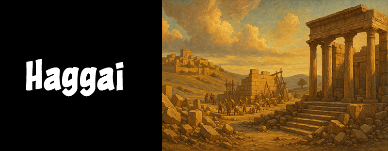 Ancient temple ruins with workers rebuilding at sunset