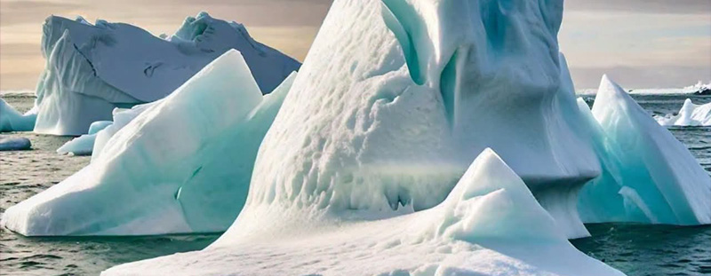 Image of majestic floating icebergs on calm ocean waters symbolizing God’s breath bringing frost, based on Job 37:10.