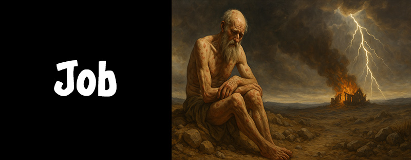 Painting of Job sitting in a desolate landscape with a burning house in the distance