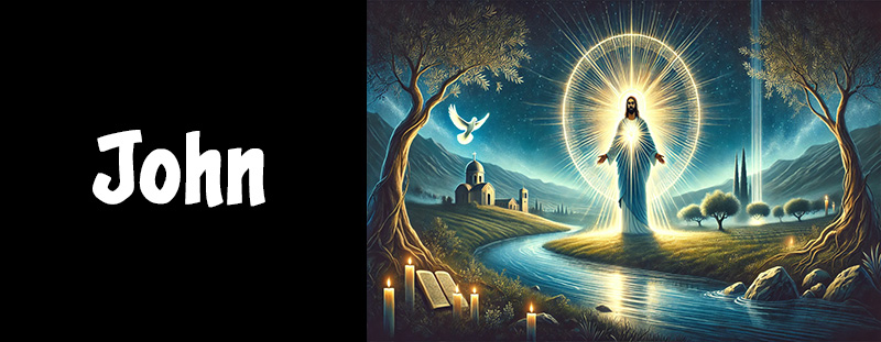 Radiant Jesus by a river under starry night – symbolic of the Book of John