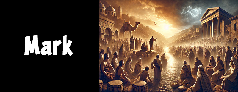 Panoramic scene of Jesus healing, preaching, and crucifixion – representing the Book of Mark