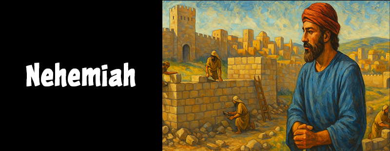 Nehemiah leading the rebuilding of Jerusalem’s walls with faith and courage.