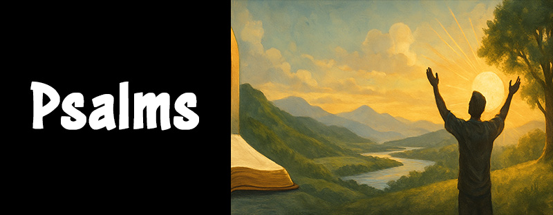 A man praising God at sunrise over a valley, inspired by the Book of Psalms
