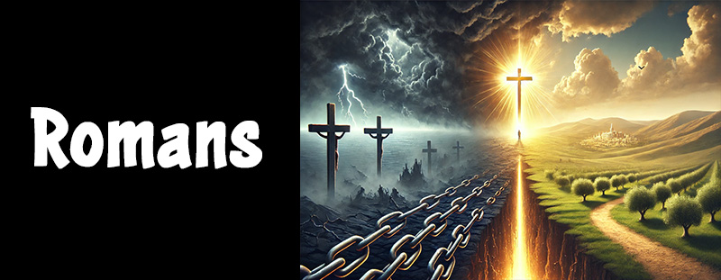 Panoramic illustration showing sin, salvation through the cross, and the glory of God