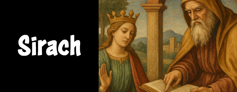 Elderly scribe teaching wisdom beside a crowned woman representing divine understanding