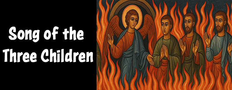 Angel with three men in a fiery furnace, Byzantine-style painting