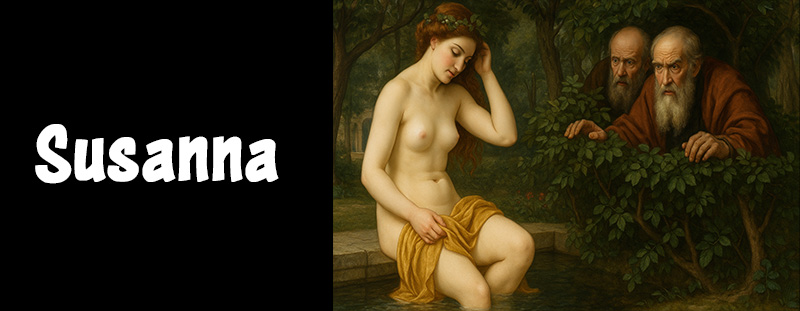 A classical painting of Susanna at the pool as two elders secretly watch her from behind bushes