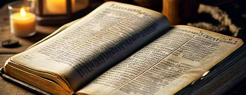 Rustic open Bible on a wooden desk with a glowing candle, symbolizing studying