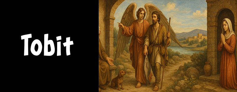 A traditional biblical painting depicting scenes from the Book of Tobit