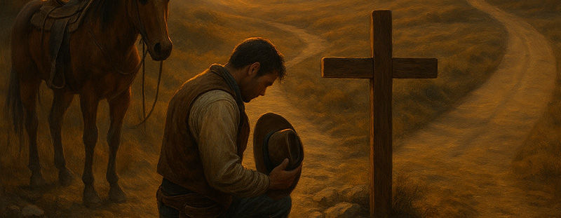 A lone cowboy kneels beside a cross on a rugged path at sunset, with two diverging trails behind him, symbolizing the theme of obedience over empty words in Luke 6:46.