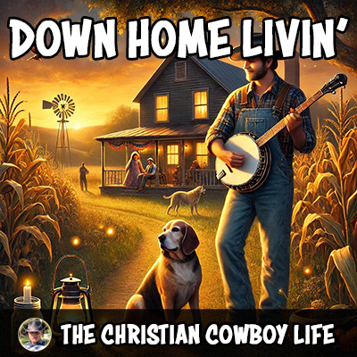 A rustic country porch at sunset with a banjo resting on a rocking chair, reflecting the simple joys celebrated in “Down Home Living.”