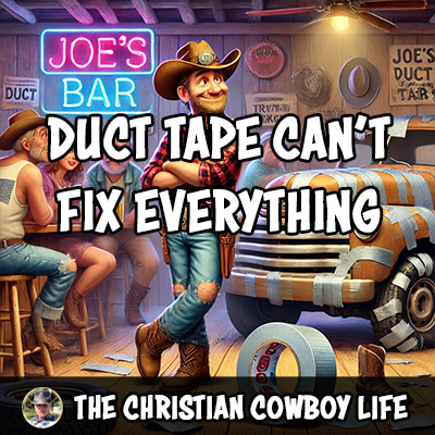 A rustic, country bar scene with duct tape, a broken truck, and laughing cowboys, illustrating the humor and life lessons of the song.