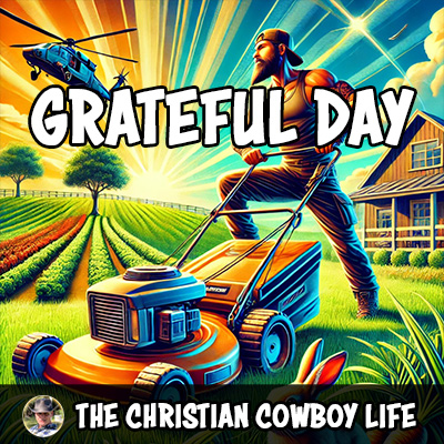 An energetic country rocker mowing a sunlit lawn with friends, celebrating life’s simple joys.