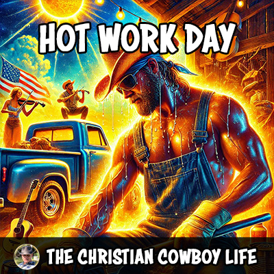 A hardworking cowboy wiping sweat from his brow under the blazing Florida sun, capturing the theme of perseverance through hot workdays.