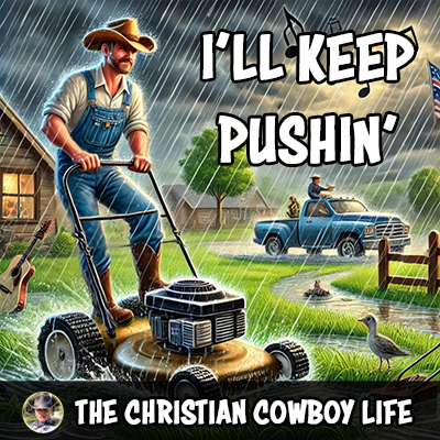 A hardworking cowboy pushing through a rain-soaked field with a mower, symbolizing perseverance and determination.