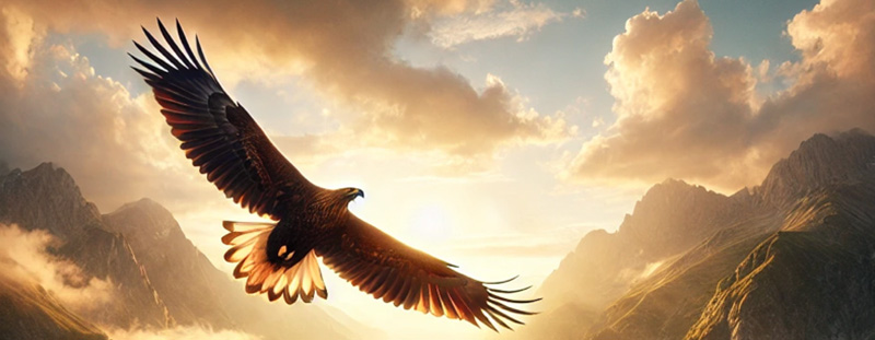 An eagle soaring high above mountains, symbolizing strength and renewal through faith in God.