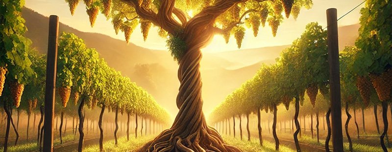 A peaceful ranch scene at sunrise with a cowboy standing near a tree, symbolizing spiritual connection. The Bible verse John 15:5 is overlaid, emphasizing dependence on Christ for strength and fruitfulness.