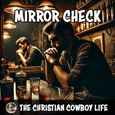 A lone cowboy stands in front of a cracked mirror, reflecting on his life—a visual metaphor for the lyrics in Mirror Check, a song about personal accountability.