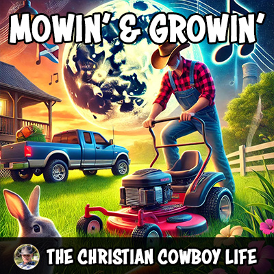 A sun-soaked Florida lawn with a man pushing a mower, drenched in sweat, representing the hardworking life described in “Mowin’ and Growin’.”