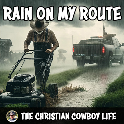 A cowboy with muddy boots and a soaked lawn mower under a gray, rainy sky, symbolizing perseverance through challenges.
